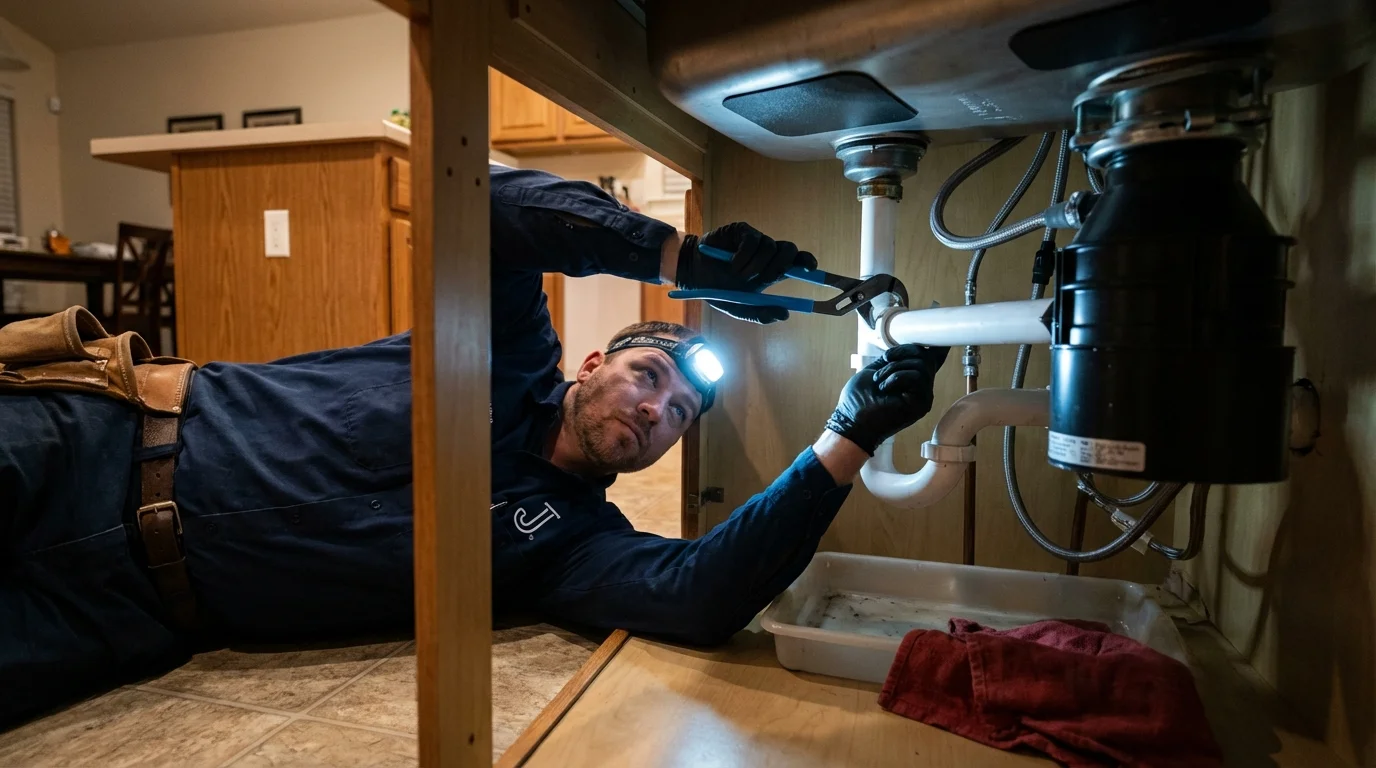 P-trap and supply line connections under a kitchen sink showing a common leak point in Belleville, NJ